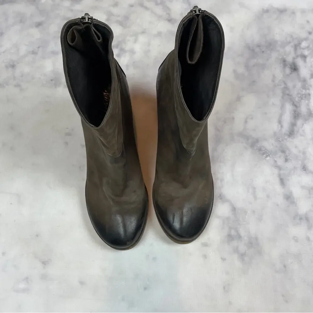 Marsell Bolla Brown Leather Ankle Boots Distressed Zip Back Block Heel Sz 39.5